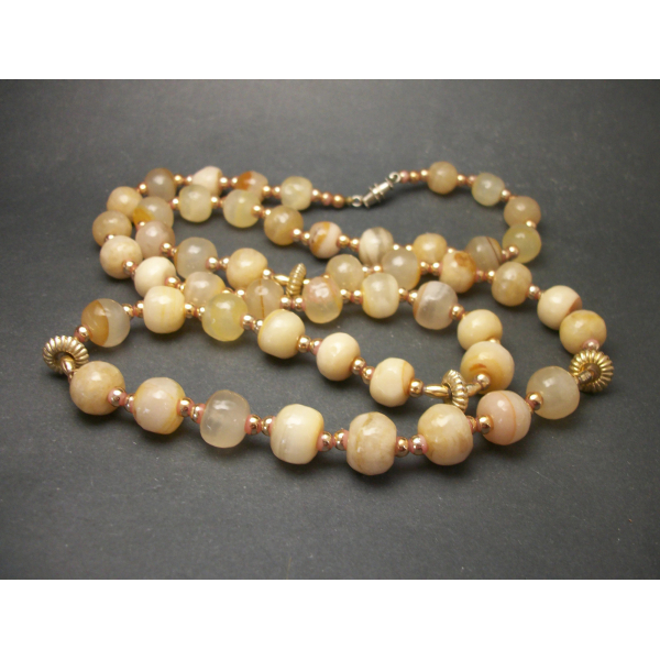 Vintage Tan and Cream Glass Bead Necklace 30 inches Long Beaded Necklace