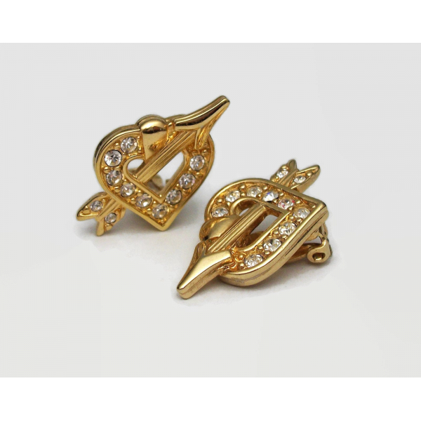 Vintage Signed Swarovski Swan Gold Heart and Cupid's Arrow Clip on Earrings