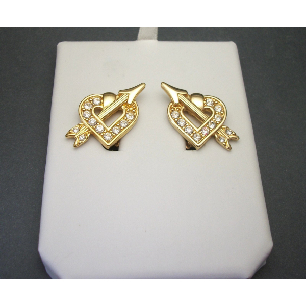 Vintage Signed Swarovski Swan Gold Heart and Cupid's Arrow Clip on Earrings