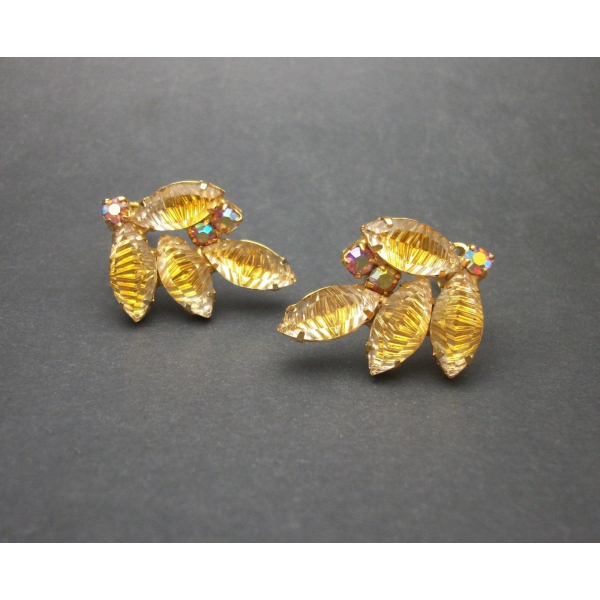 Vintage Crystal Leaves Clip on Earrings Two Tone Golden Yellow & Clear Crystal