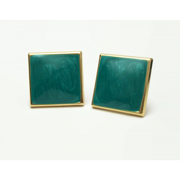 Vintage Square Green Enamel Swirl Clip on Earrings Lightweight