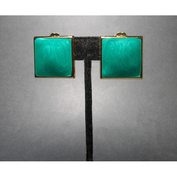 Vintage Square Green Enamel Swirl Clip on Earrings Lightweight