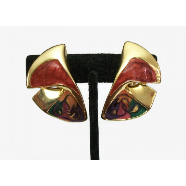 Vintage Don-Lin Enamel Clip on Earrings Large Gold Colorful Enamel Swirl Don Lin
