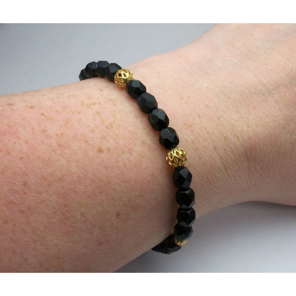 Vintage Black and Gold Beaded Bracelet 7 1/2 inch for Women or Men Unisex