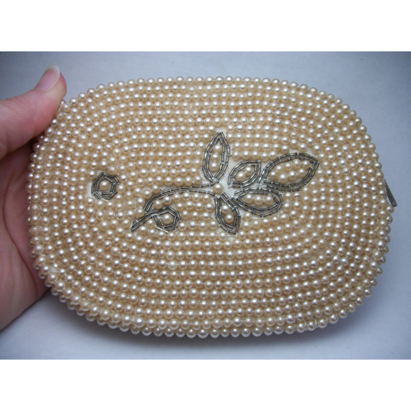 Vintage 1950s Made in Japan Faux Pearl Beaded Clutch 50s Formal Evening Bag