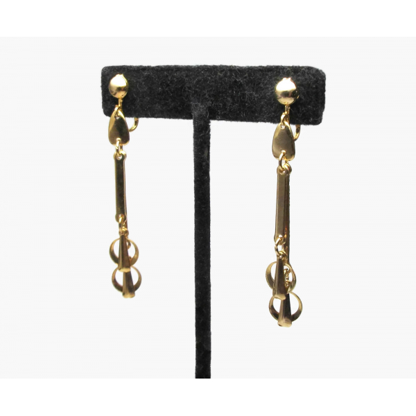 Vintage Long Gold Dangle Clip on Earrings Bars and Circles Geometric Jewelry