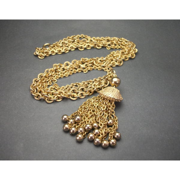Vintage Gold Tone Ball Tassel Pendant Necklace Long 24 inch Double Strand Chain