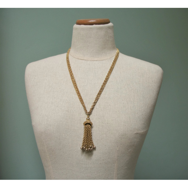 Vintage Gold Tone Ball Tassel Pendant Necklace Long 24 inch Double Strand Chain