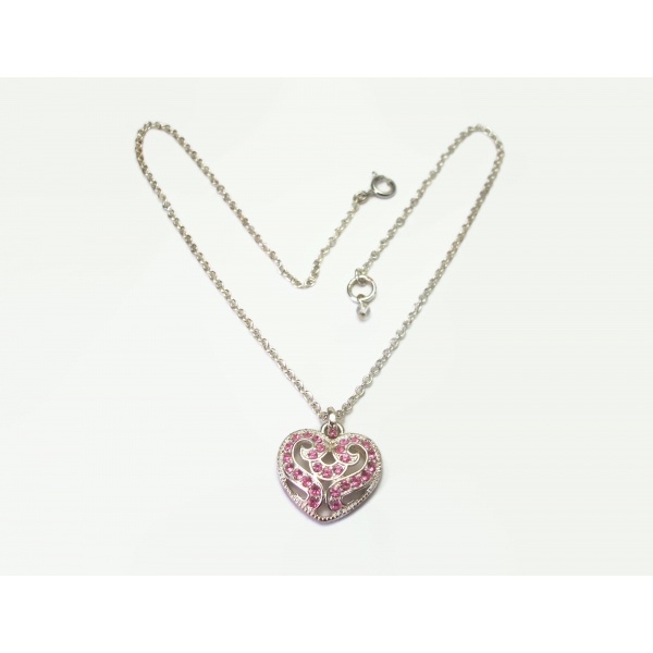 Vintage Silver and Pink Rhinestone Heart Shaped Pendant Necklace 16" Chain