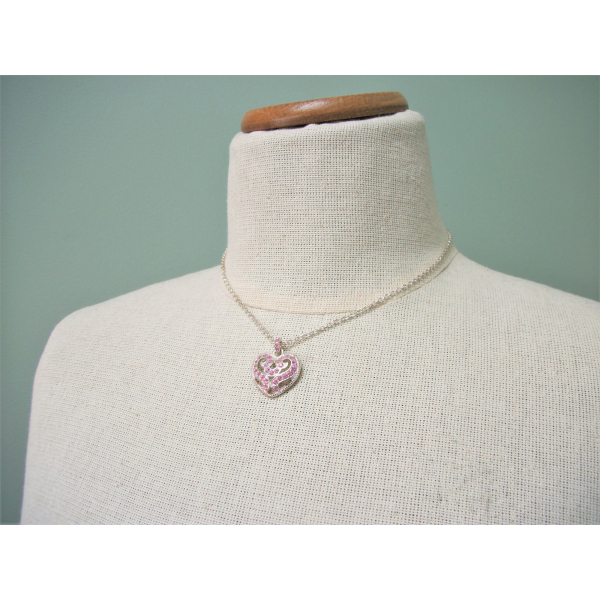 Vintage Silver and Pink Rhinestone Heart Shaped Pendant Necklace 16" Chain