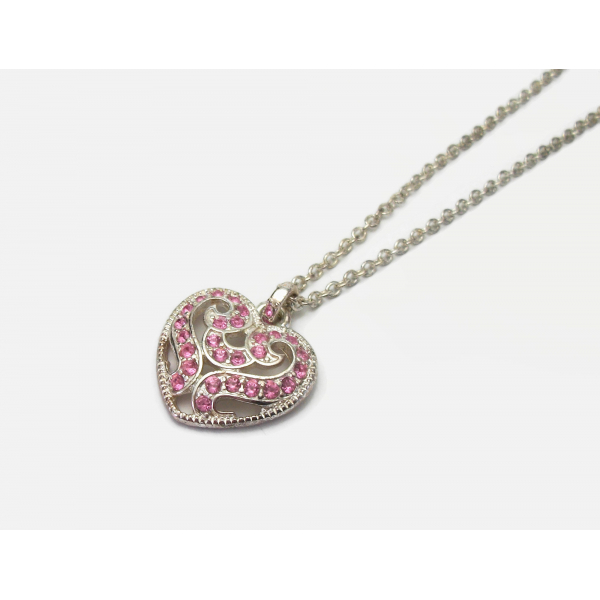 Vintage Silver and Pink Rhinestone Heart Shaped Pendant Necklace 16" Chain