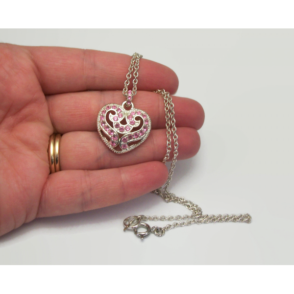 Vintage Silver and Pink Rhinestone Heart Shaped Pendant Necklace 16" Chain