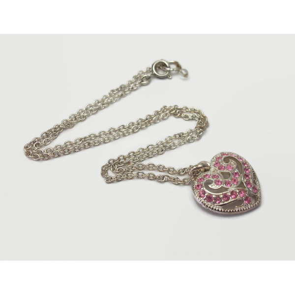 Vintage Silver and Pink Rhinestone Heart Shaped Pendant Necklace 16" Chain
