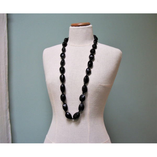 Vintage Hawaiian Kukui Nut Necklace Long Chunky Black Nut Beads on Black Ribbon