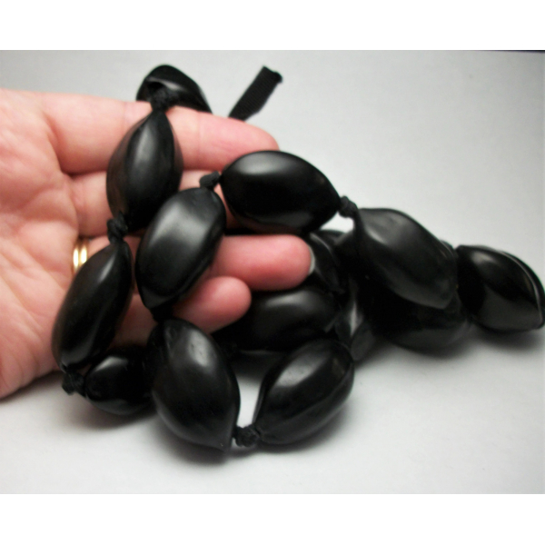 Vintage Hawaiian Kukui Nut Necklace Long Chunky Black Nut Beads on Black Ribbon