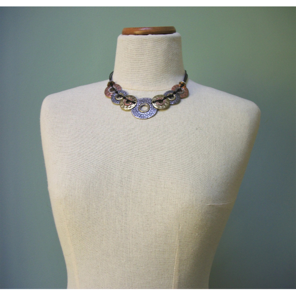 Brutalist Mixed Metal Disc Necklace by Kole Design Adjustable 16 17 18 19 inch