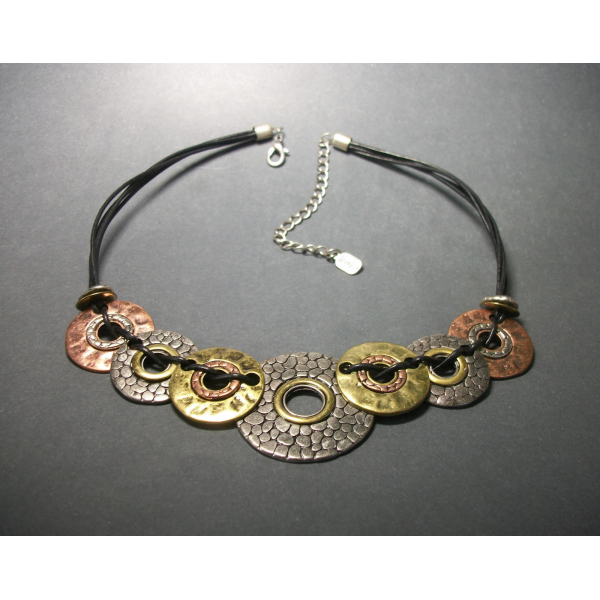 Brutalist Mixed Metal Disc Necklace by Kole Design Adjustable 16 17 18 19 inch