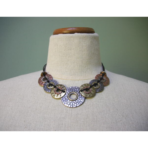 Brutalist Mixed Metal Disc Necklace by Kole Design Adjustable 16 17 18 19 inch