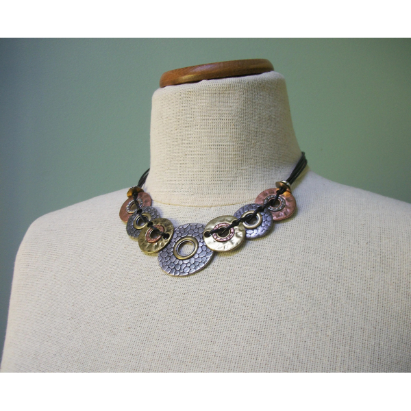 Brutalist Mixed Metal Disc Necklace by Kole Design Adjustable 16 17 18 19 inch