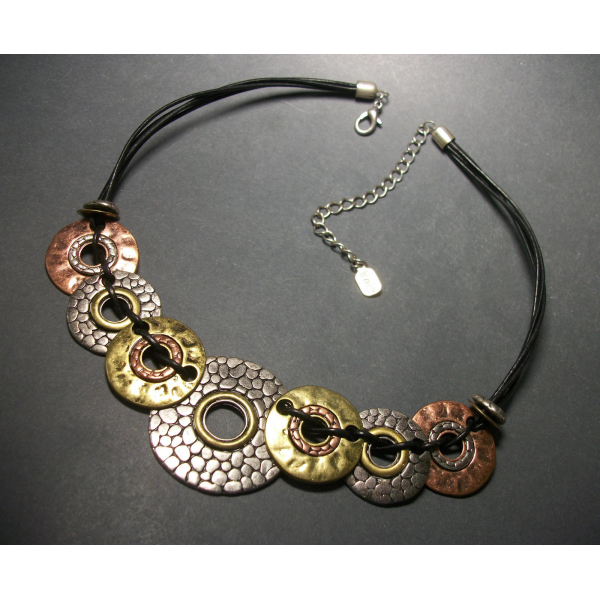 Brutalist Mixed Metal Disc Necklace by Kole Design Adjustable 16 17 18 19 inch