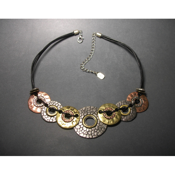 Brutalist Mixed Metal Disc Necklace by Kole Design Adjustable 16 17 18 19 inch