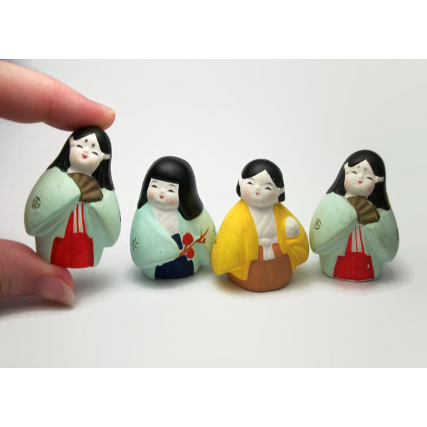 Vintage Set of Four Asian Women Ladies Figurines in Kimonos Hand Painted Clay