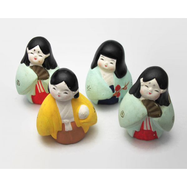 Vintage Set of Four Asian Women Ladies Figurines in Kimonos Hand Painted Clay