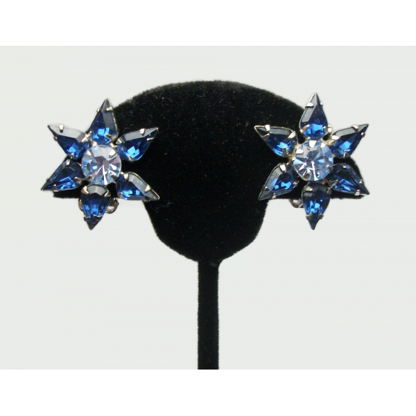 Vintage Sapphire and Aquamarine Blue Crystal Star Clip on Earrings