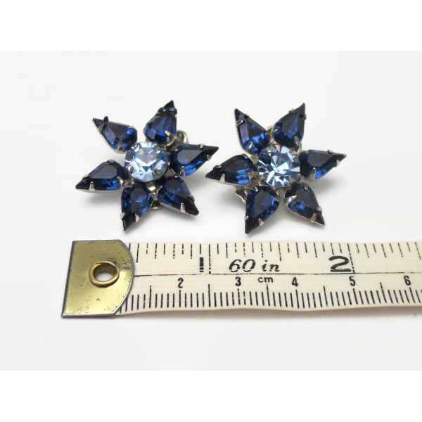 Vintage Sapphire and Aquamarine Blue Crystal Star Clip on Earrings