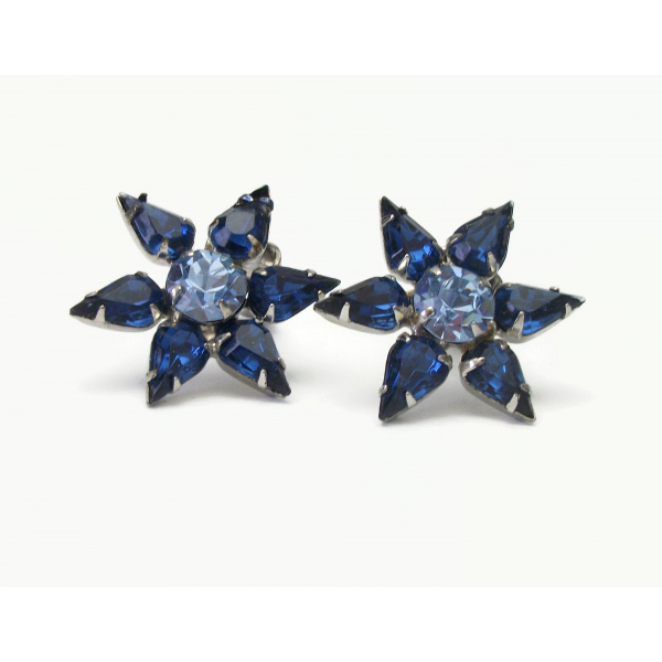 Vintage Sapphire and Aquamarine Blue Crystal Star Clip on Earrings