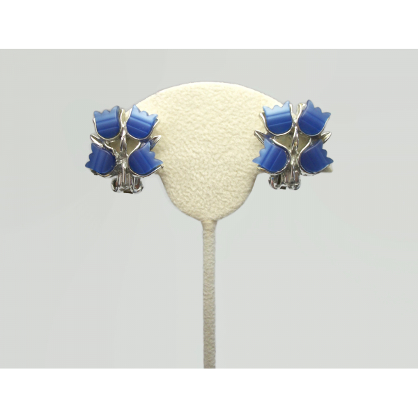 Vintage Blue Thermoset Floral Clip on Earrings Blue and Silver Flowers Mid Centu