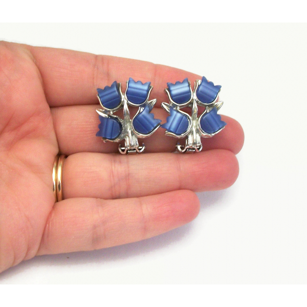 Vintage Blue Thermoset Floral Clip on Earrings Blue and Silver Flowers Mid Centu