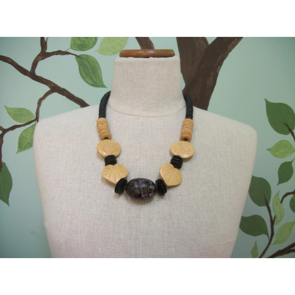 Vintage Wood Leaf and Shell Inlay Chunky Bead Necklace  Boho Jewelry Natural