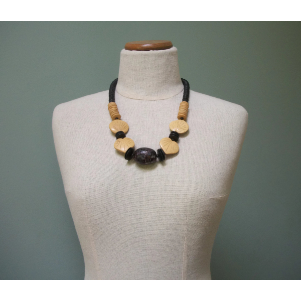 Vintage Wood Leaf and Shell Inlay Chunky Bead Necklace  Boho Jewelry Natural