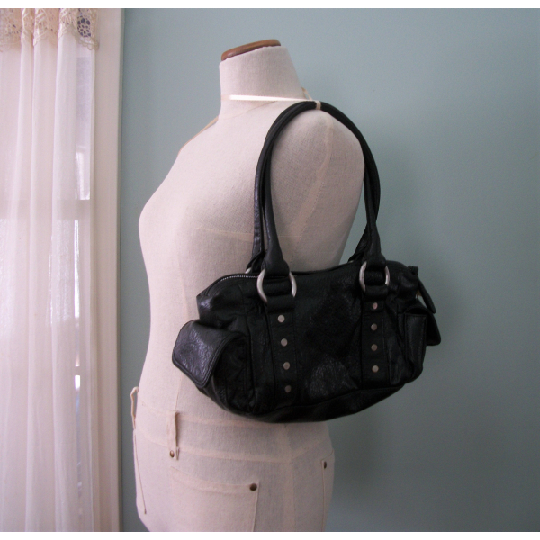 Vintage Benetton Black Faux Leather PVC Handbag Shoulder Bag Purse