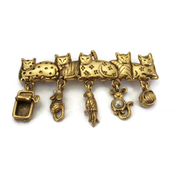 Vintage AJC Whimsical Cats Bar Pin Brooch with Dangling Charms