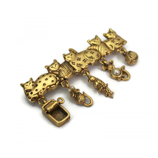 Vintage AJC Whimsical Cats Bar Pin Brooch with Dangling Charms Lapel Pin
