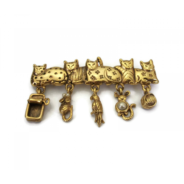 Vintage AJC Whimsical Cats Bar Pin Brooch with Dangling Charms