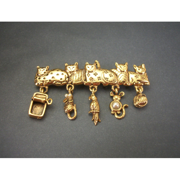 Vintage AJC Whimsical Cats Bar Pin Brooch with Dangling Charms Lapel Pin