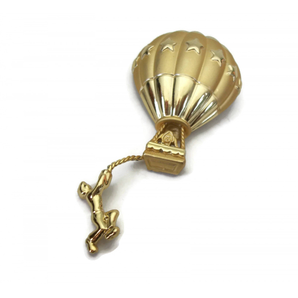 Vintage Signed AJC Hot Air Balloon Brooch  Gold Tone Funny Whimsical Lapel Pin