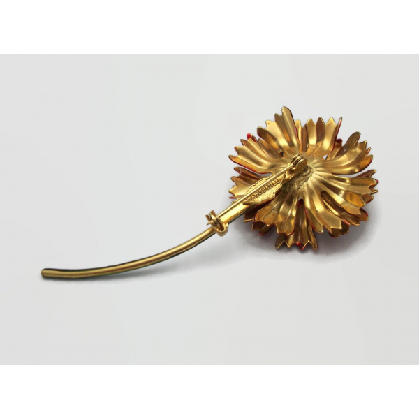 Vintage 1960s signed Sandor Red Enamel Flower Brooch or Lapel Pin