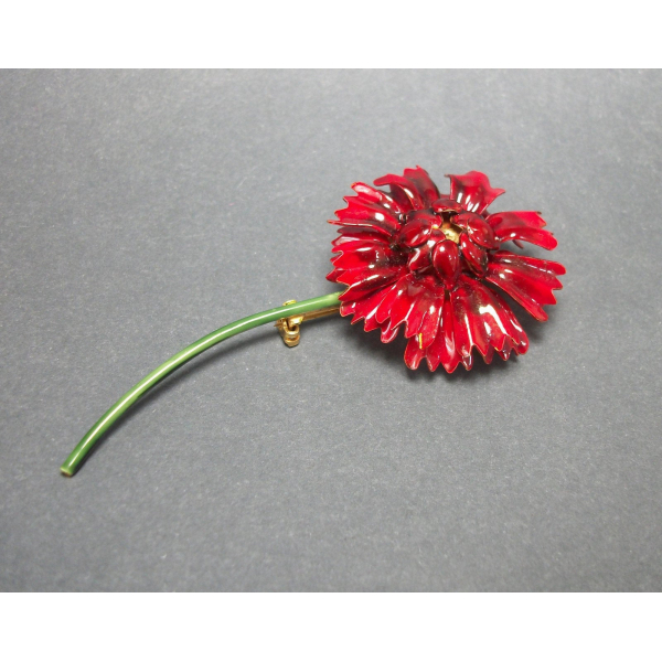 Vintage Red 1960s signed Sandor Enamel Flower Brooch or Lapel Pin