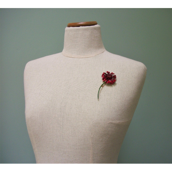 Signed Sandor Red Enamel Flower Brooch or Lapel Pin