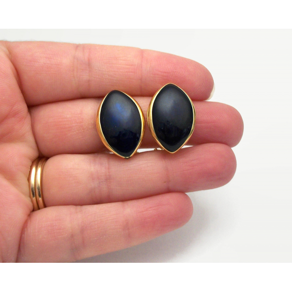 Vintage Trifari Deep Navy Midnight Blue Enamel Clip on Earrings Almond Shaped