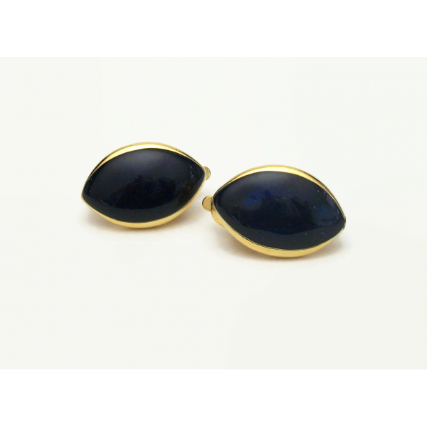 Vintage Trifari Deep Navy Midnight Blue Enamel Clip on Earrings Almond Shaped