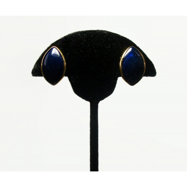 Vintage Trifari Deep Navy Midnight Blue Enamel Clip on Earrings Almond Shaped