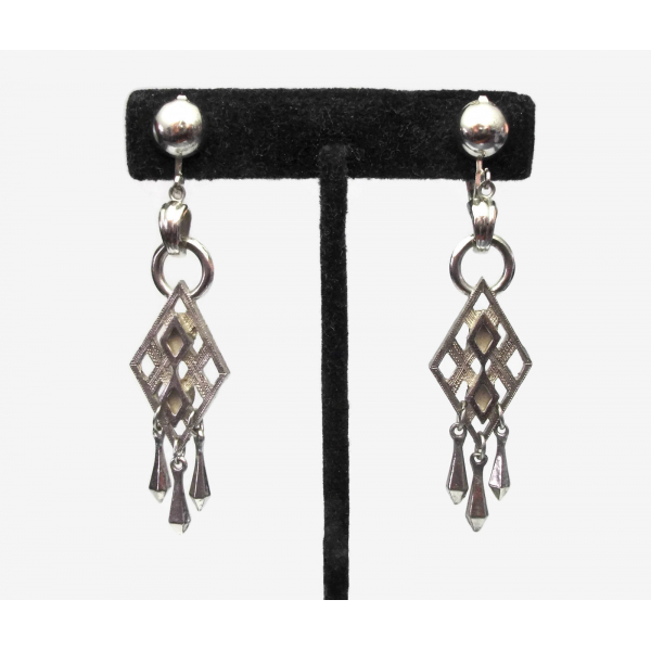 Vintage Long Silver Dangle Clip on Earrings Drop Geometric Tassels