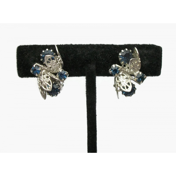 Vintage Silver Tone Filigree Navy Blue Rhinestone Clip on Earrings Wedding
