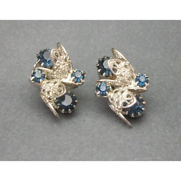 Vintage Silver Tone Filigree Navy Blue Rhinestone Clip on Earrings Formal
