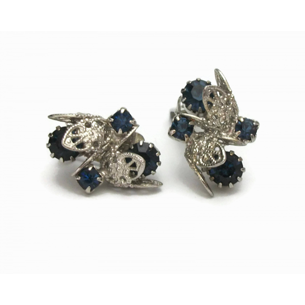 Vintage Silver Tone Filigree Navy Blue Rhinestone Clip on Earrings Wedding